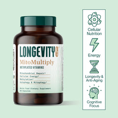Longevity Rx MitoMultiply capsules in hand for convenient daily use.