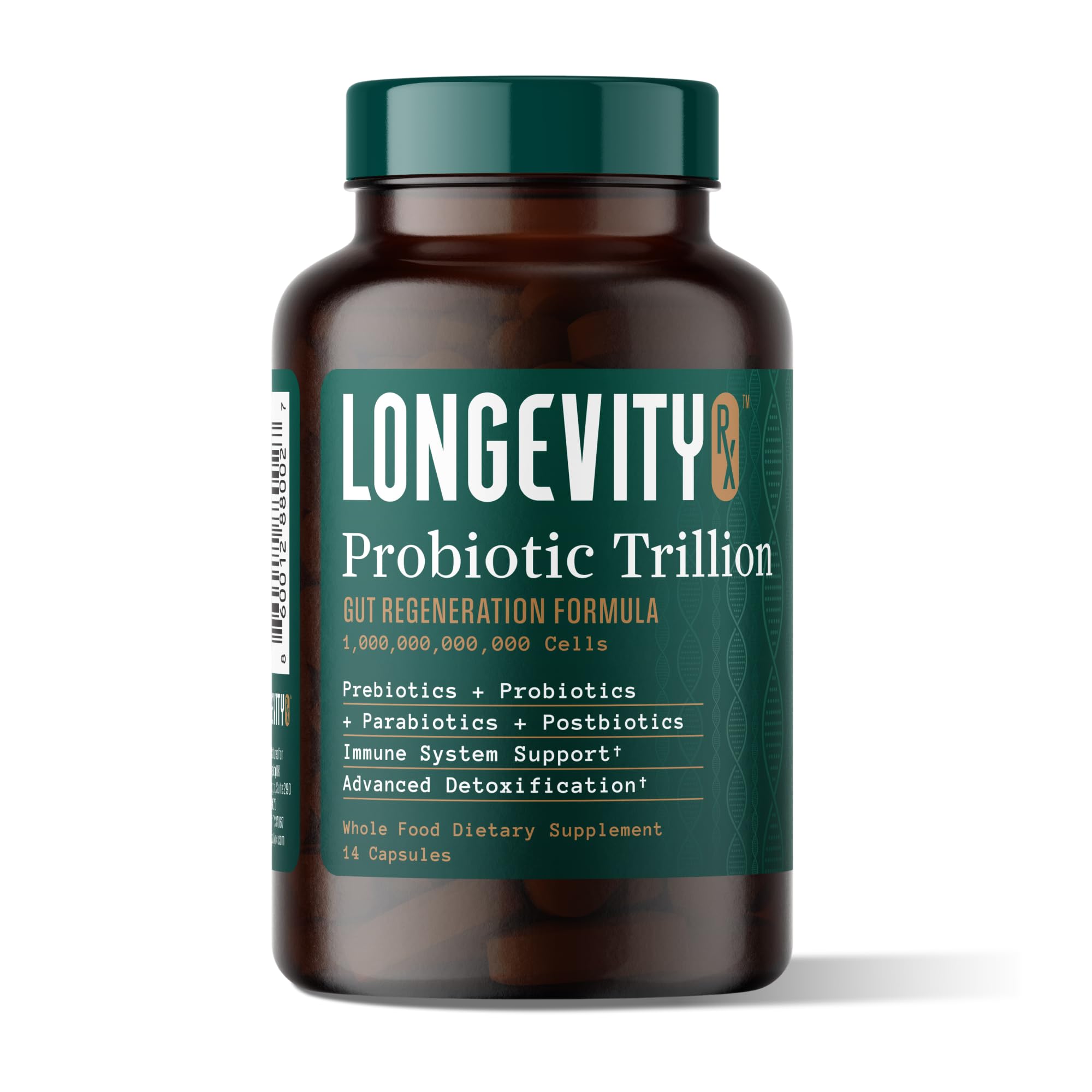 Longevity Rx Probiotic Trillion bottle close-up showing packaging for daily gut health support.