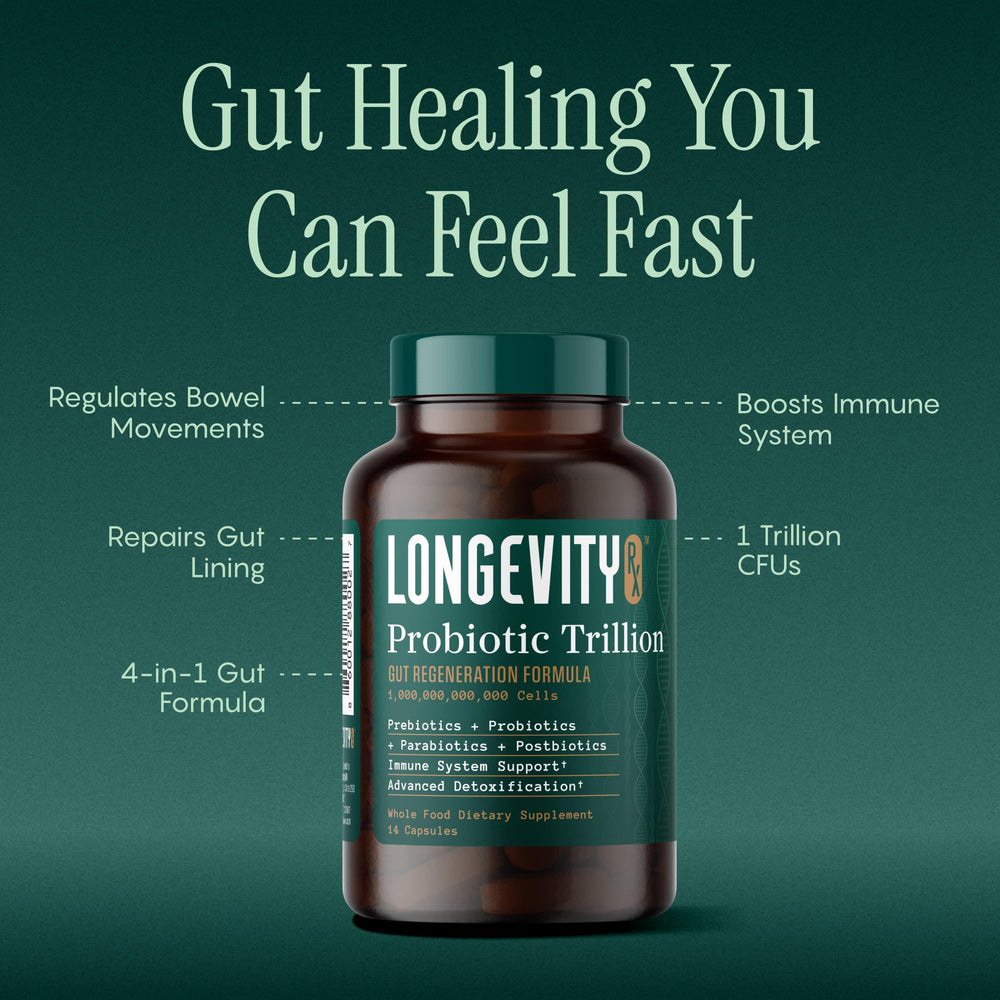 Longevity Rx Probiotic Trillion capsules in hand illustrating easy daily supplement routine.