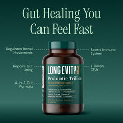 Longevity Rx Probiotic Trillion capsules in hand illustrating easy daily supplement routine.