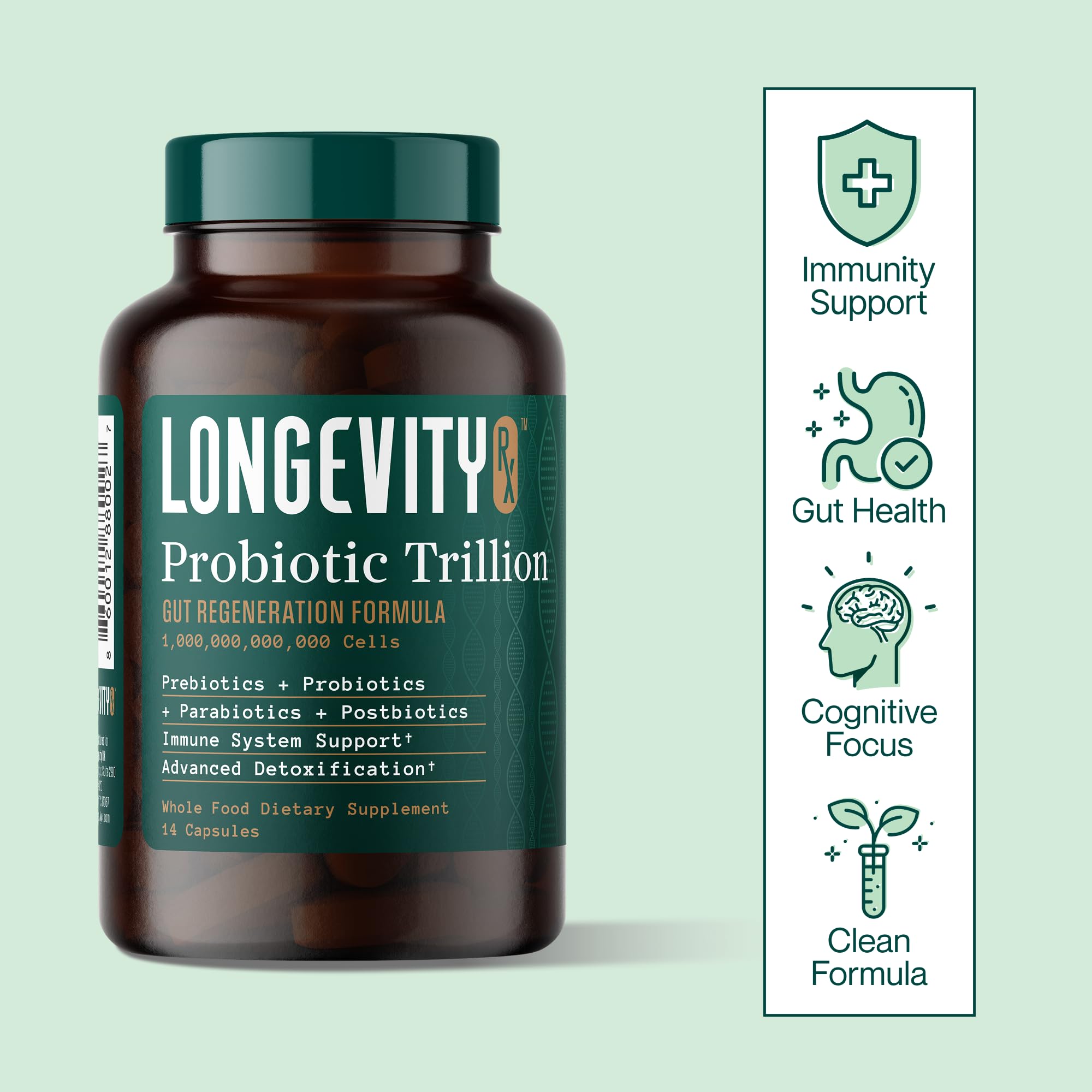 Longevity Rx Probiotic Trillion gut-health diagram illustrating microbiome balance.