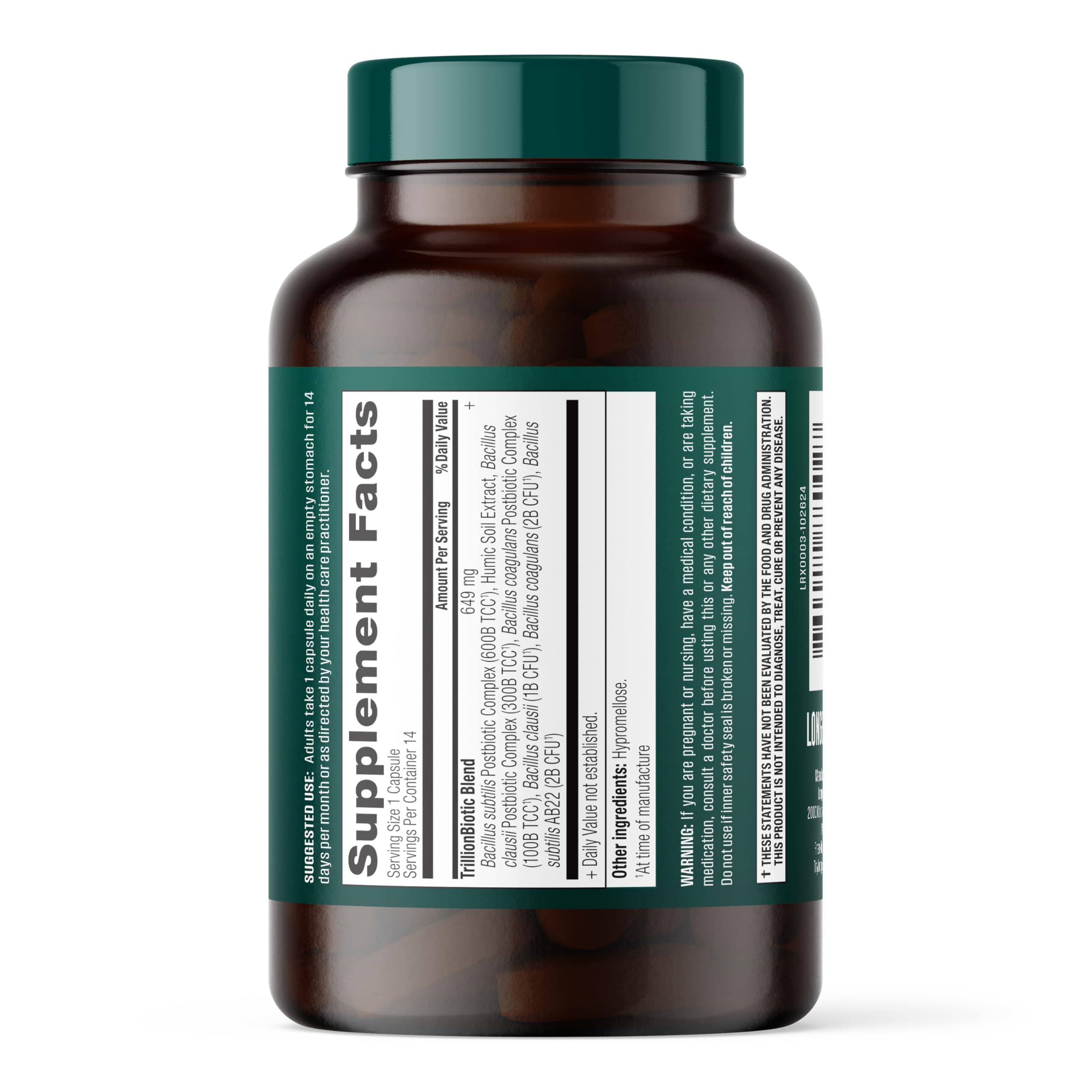 Longevity Rx Probiotic Trillion high-potency formula signifying immediate postbiotic action.