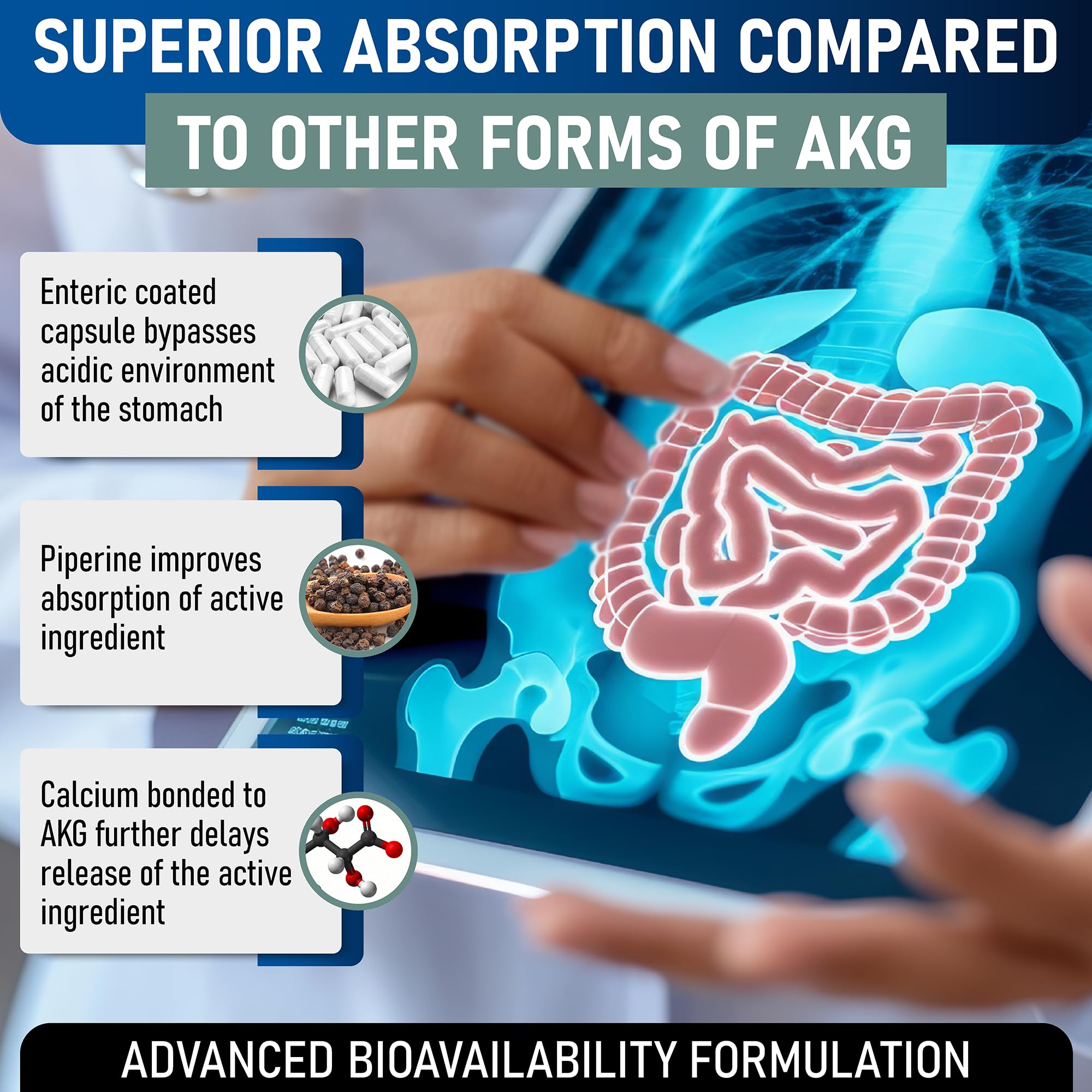 LongJuvity bone health diagram associated with calcium AKG support for strong bones.