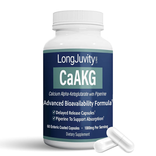 LongJuvity Calcium AKG Time Release bottle with enteric-coated capsules for smooth, steady delivery.