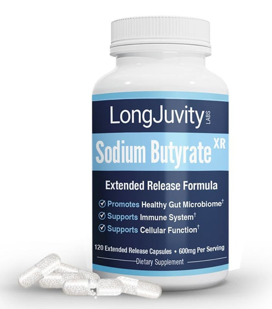 LongJuvity Labs Sodium Butyrate bottle front supporting gut health and digestion