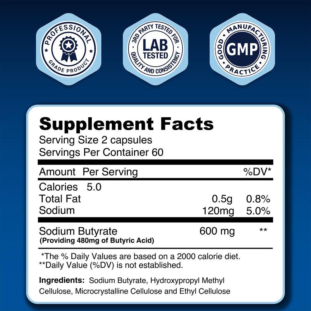 LongJuvity Labs Sodium Butyrate extended-release formula delivering to lower gut for optimal absorption