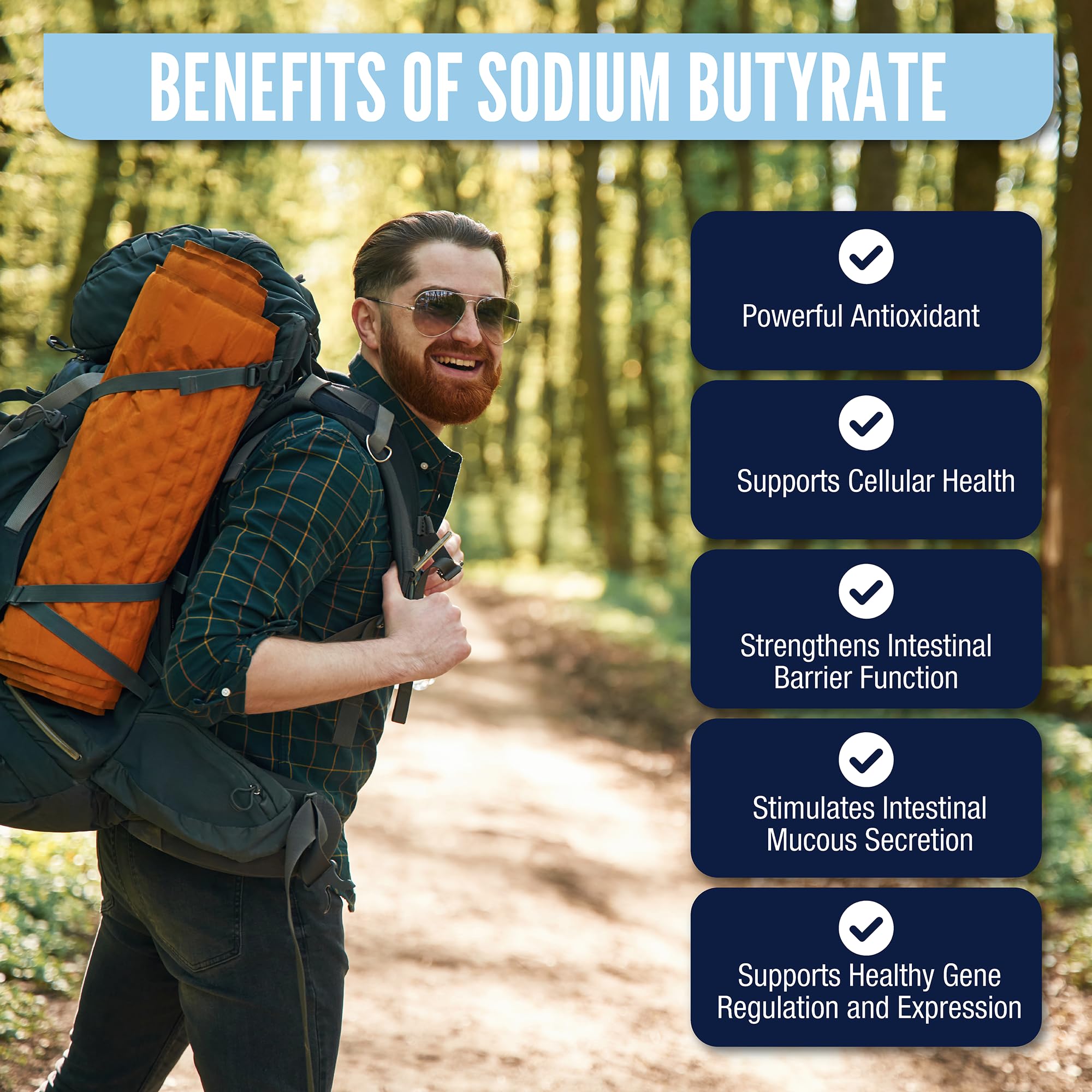 LongJuvity Labs Sodium Butyrate lower GI absorption graphic demonstrating hydration balance