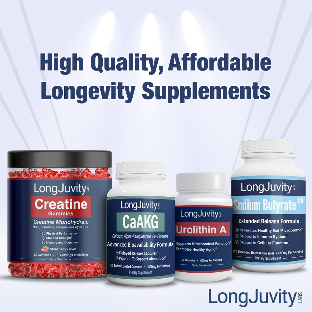 LongJuvity Labs Sodium Butyrate packaging set on countertop