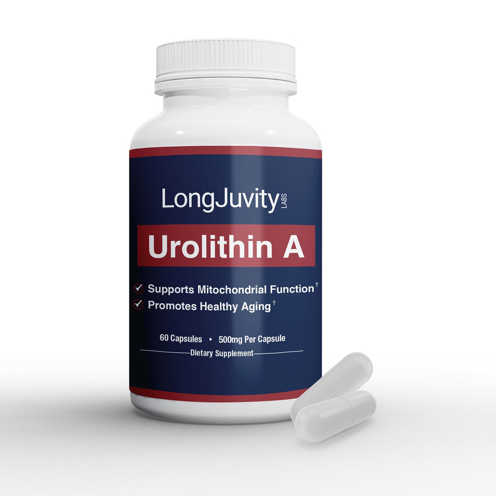 LongJuvity Urolithin A bottle with capsules for steady cellular energy.