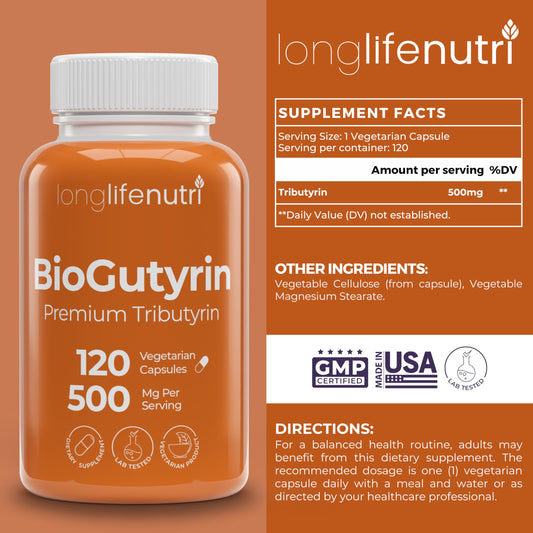 Close-up of BioGutyrin capsules highlighting digestive wellness benefits.