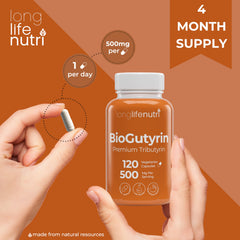 Ingredients label view showing tributyrin formulation and purity.