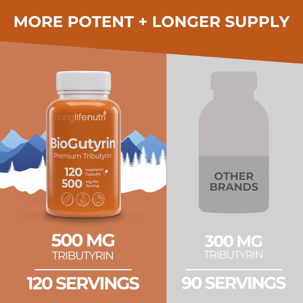 BioGutyrin capsules on a clean desk beside a nutrition label.