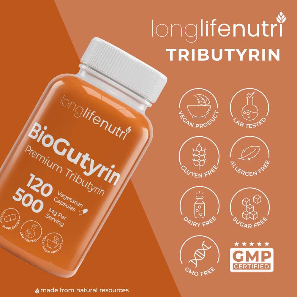 GMP-certified seal near BioGutyrin bottle emphasizing quality.