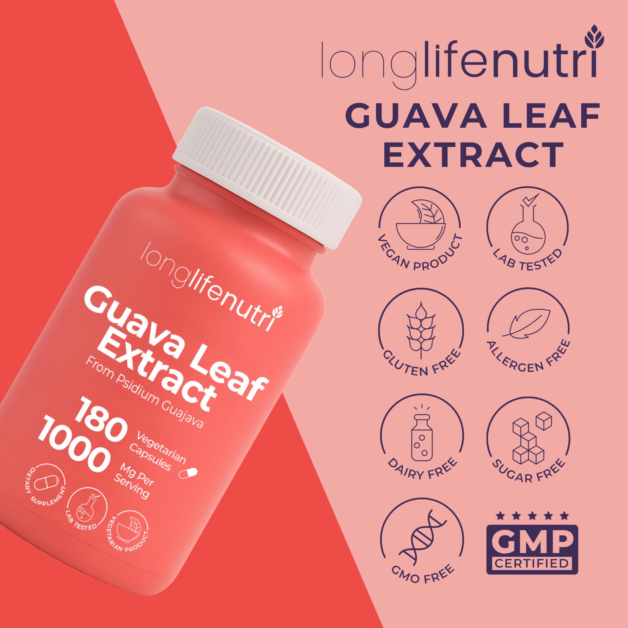 Made in USA badge on LongLifeNutri Guava Leaf Extract reflects domestic production.