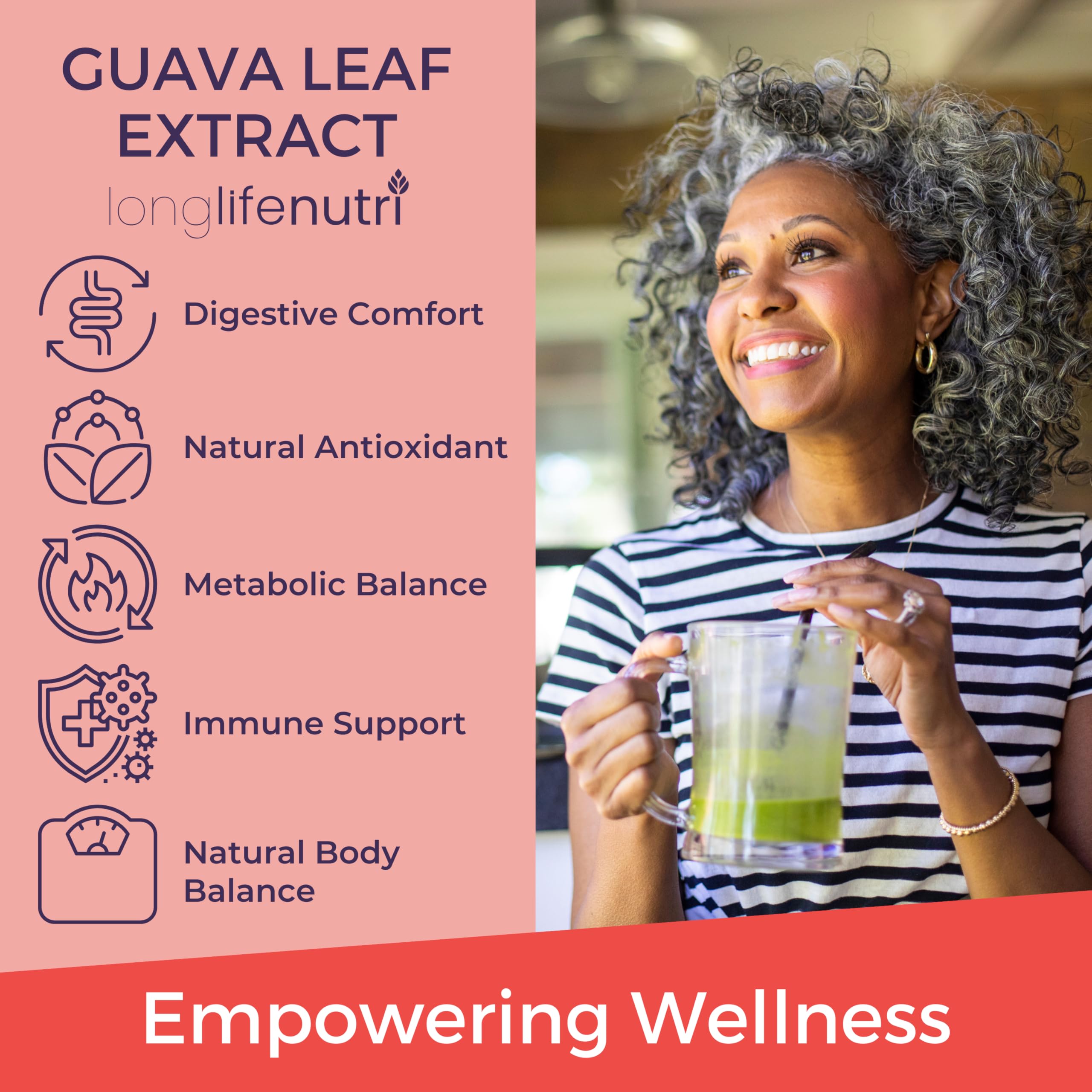 LongLifeNutri Guava Leaf Extract packaging highlights a 3-month supply.