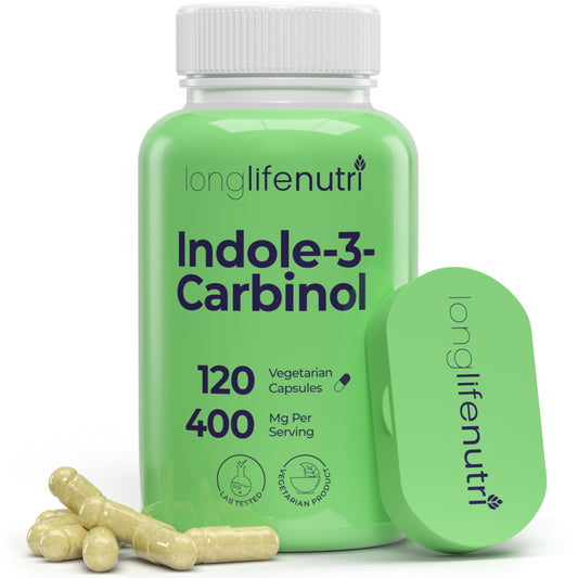 LongLifeNutri Indole-3-Carbinol bottle shows lab-tested purity and organic sourcing.