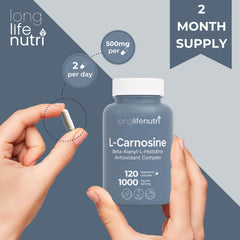 Dosage graphic for LongLifeNutri L-Carnosine illustrating 1000 mg per capsule.
