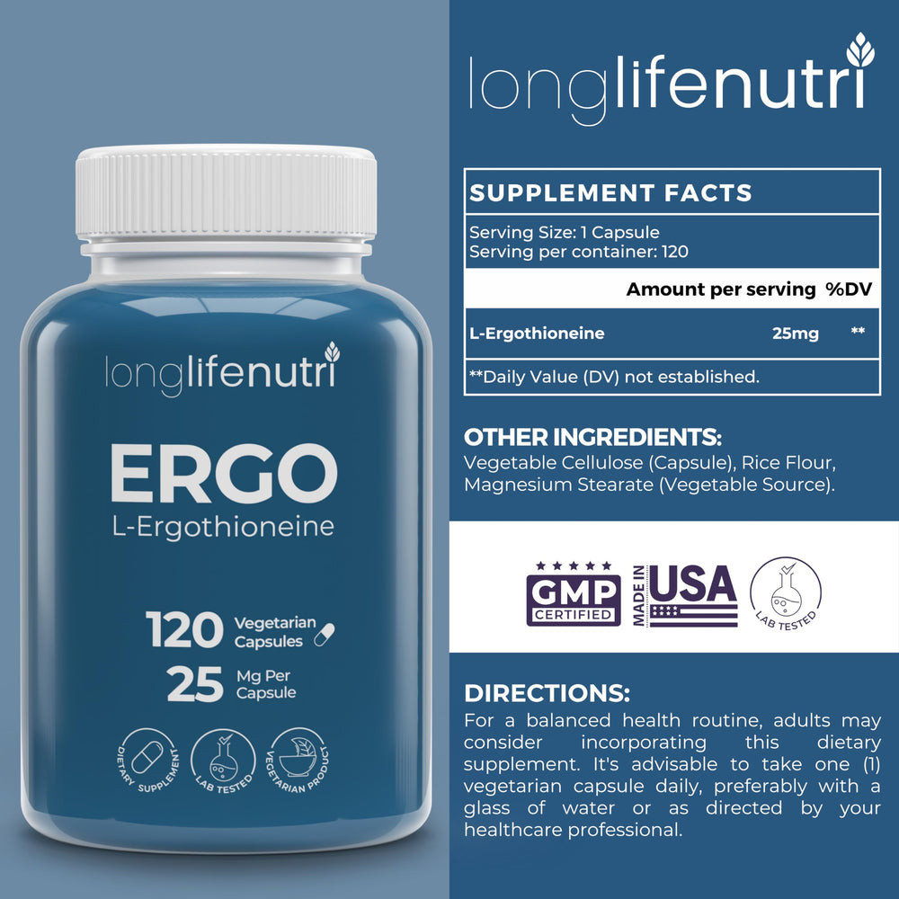 Closeup of LongLifeNutri capsules showing vegetarian formula and easy daily dose
