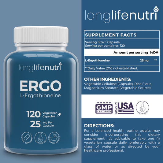 Closeup of LongLifeNutri capsules showing vegetarian formula and easy daily dose