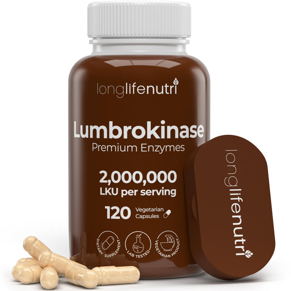 LongLifeNutri Lumbrokinase bottle highlights 2,000,000 units per serving for circulatory support.