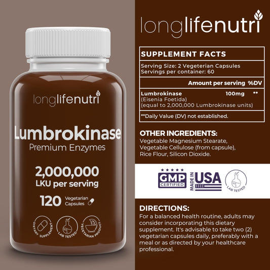LongLifeNutri Lumbrokinase capsules displayed with 120-count package for daily use.