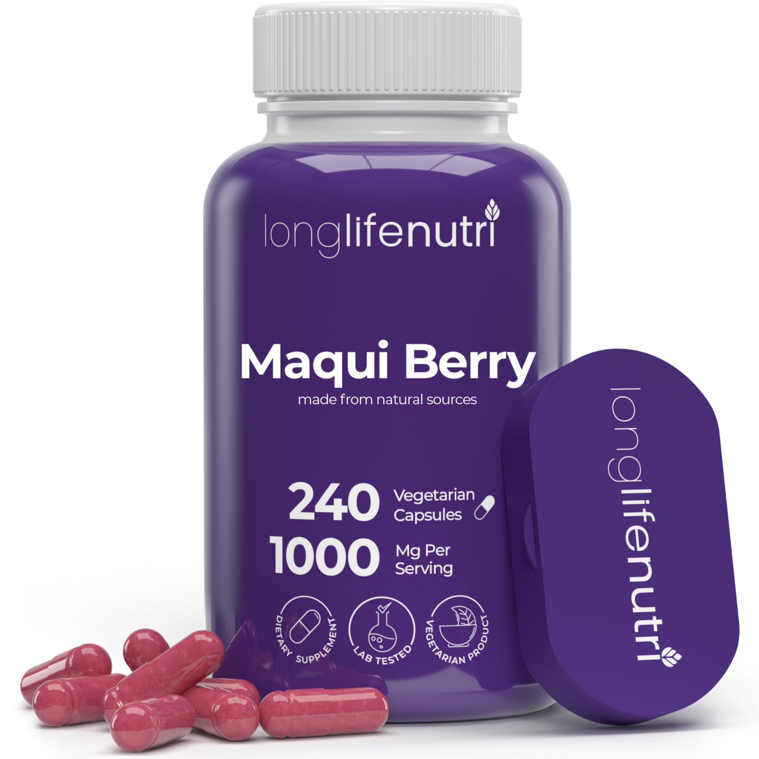 LongLifeNutri Maqui Berry 1000 mg bottle highlighting organic antioxidant powerhouse for daily wellness.