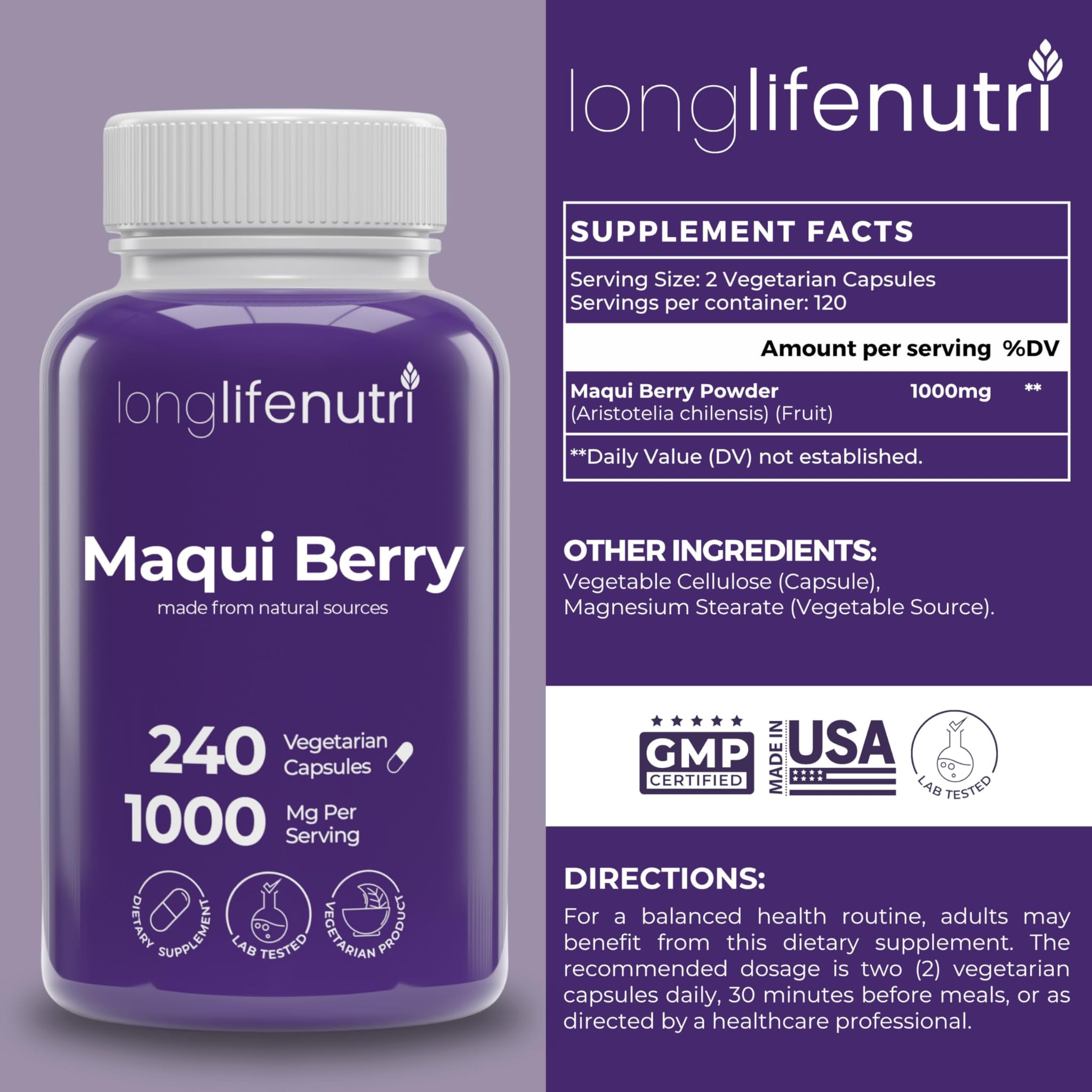 LongLifeNutri Maqui Berry vegan capsules in a bottle underscoring clean, non-GMO ingredients.