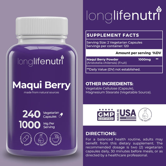 LongLifeNutri Maqui Berry vegan capsules in a bottle underscoring clean, non-GMO ingredients.