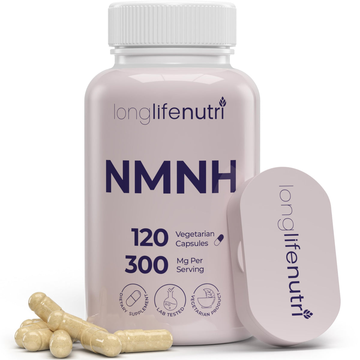 LongLifeNutri NMNH 300mg bottle front showing USA-made NAD support for daily energy