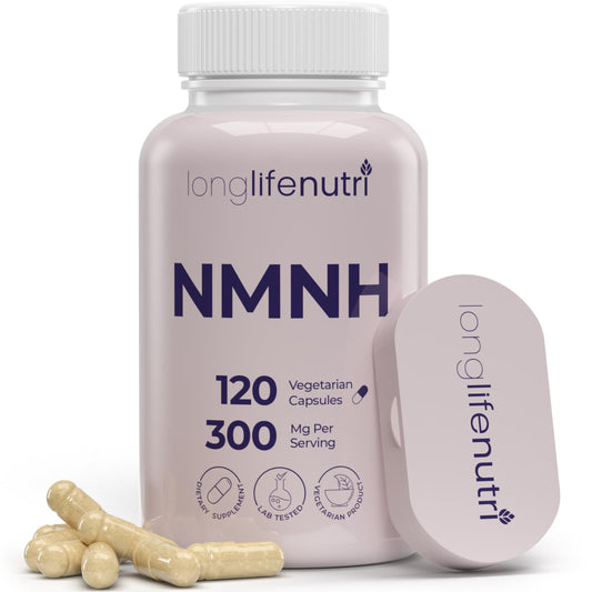 LongLifeNutri NMNH 300mg bottle front showing USA-made NAD support for daily energy