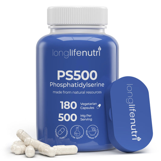 LongLifeNutri Phosphatidylserine 500mg bottle for daily memory and focus support.