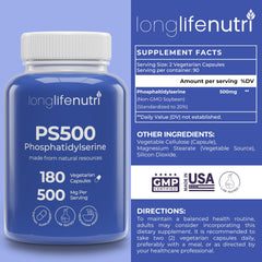 Closeup of LongLifeNutri capsules highlighting a soy-free formula for cognitive support.