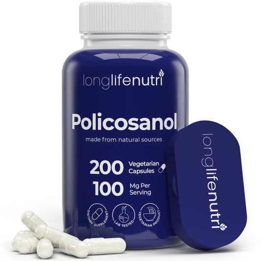 LongLifeNutri Policosanol 100mg bottle with capsules for daily wellness support