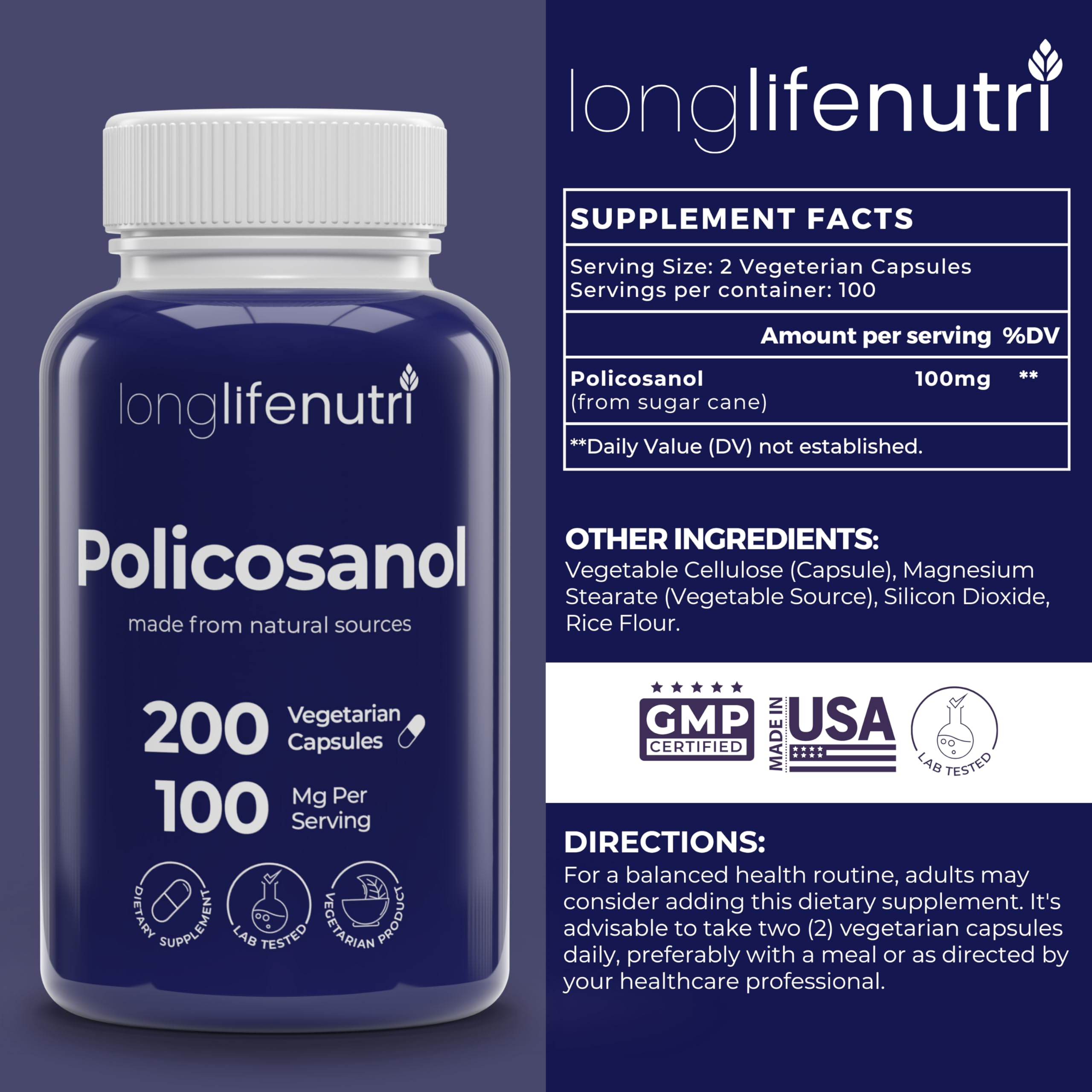 Close-up of LongLifeNutri Policosanol 100mg capsules in bottle