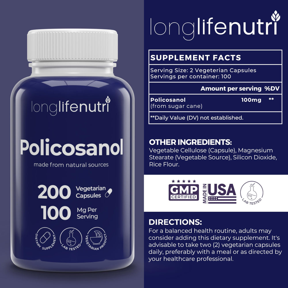 Close-up of LongLifeNutri Policosanol 100mg capsules in bottle