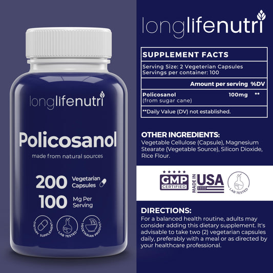 Close-up of LongLifeNutri Policosanol 100mg capsules in bottle