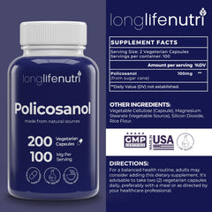 Close-up of LongLifeNutri Policosanol 100mg capsules in bottle