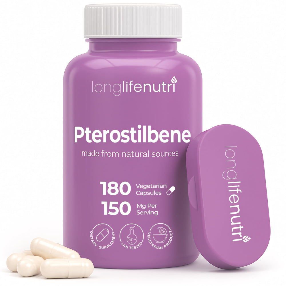 LongLifeNutri Pterostilbene 150mg bottle with 180 vegan capsules for daily energy.