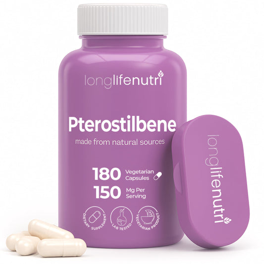 LongLifeNutri Pterostilbene 150mg bottle with 180 vegan capsules for daily energy.