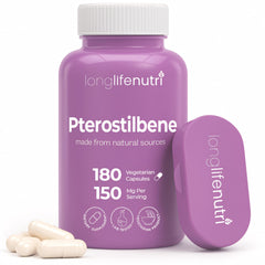 LongLifeNutri Pterostilbene 150mg bottle with 180 vegan capsules for daily energy.