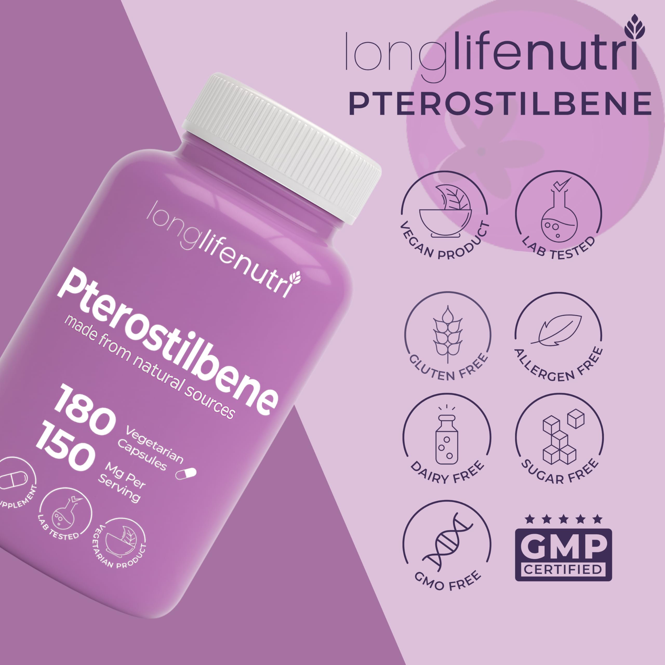 LongLifeNutri pterostilbene capsules signify a 3-month supply.