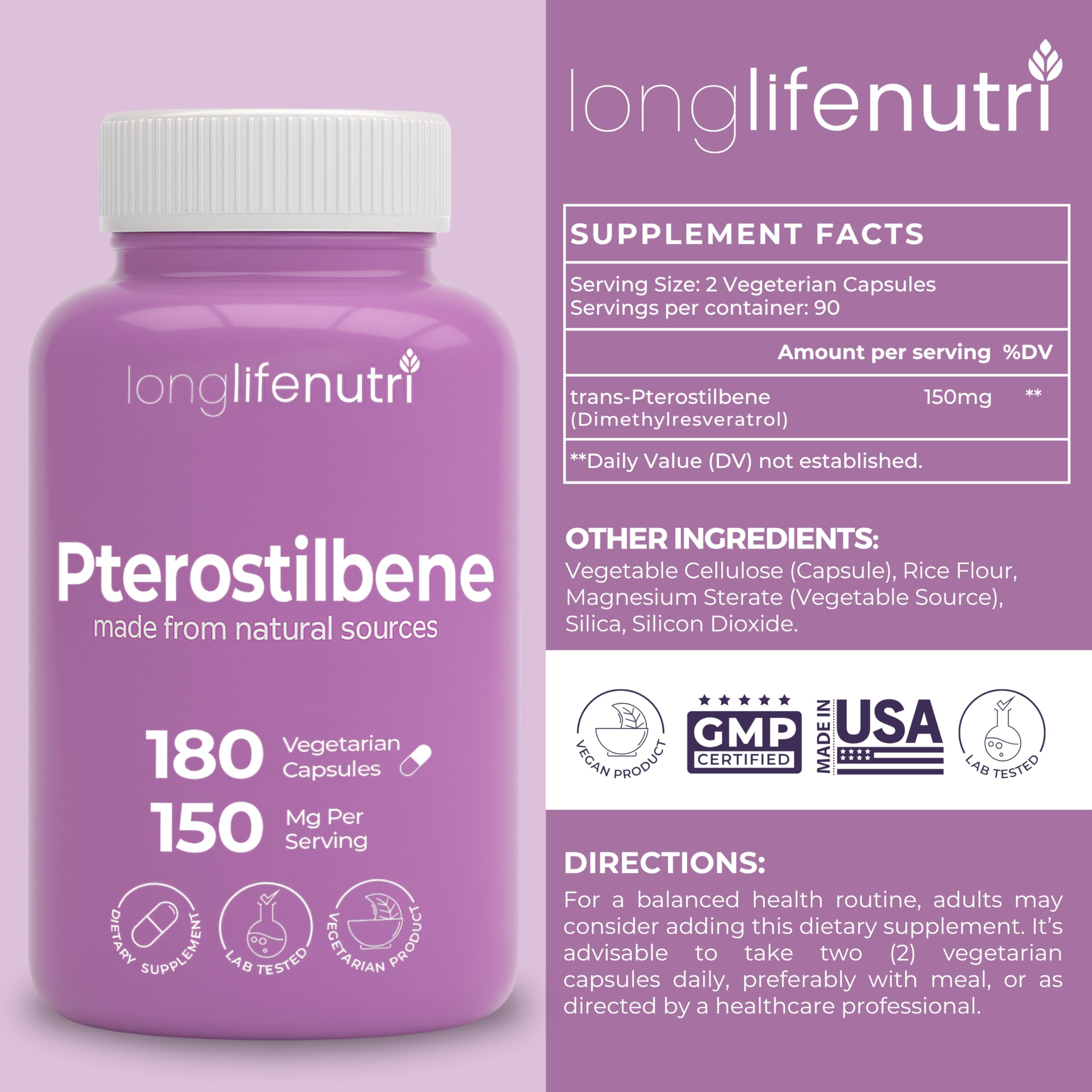 LongLifeNutri Pterostilbene capsules arranged for easy morning swallow.