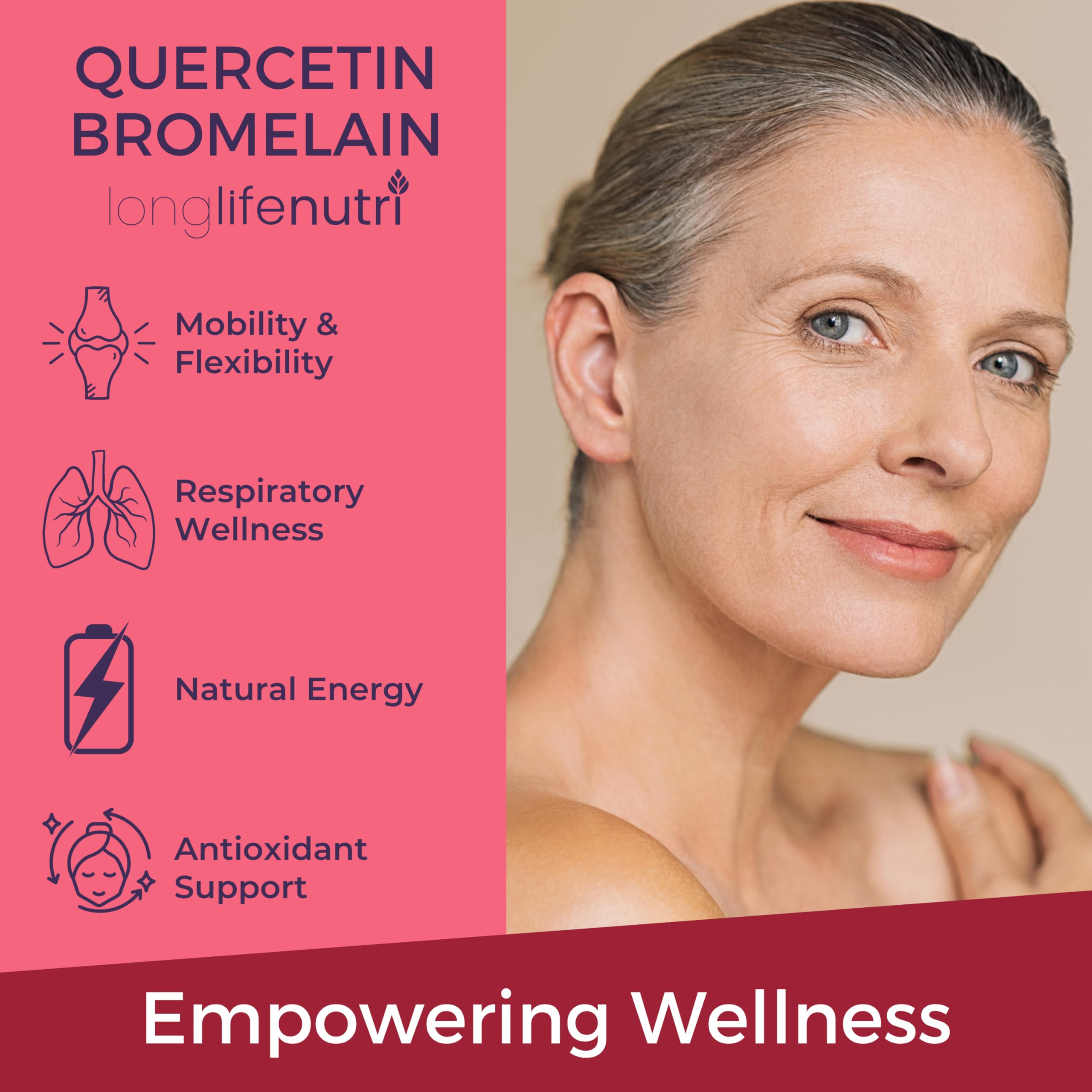 LongLifeNutri Quercetin with Bromelain bottle on wood evokes natural daily wellness