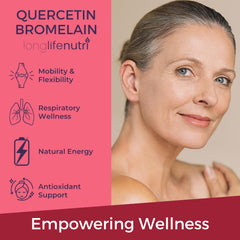 LongLifeNutri Quercetin with Bromelain bottle on wood evokes natural daily wellness