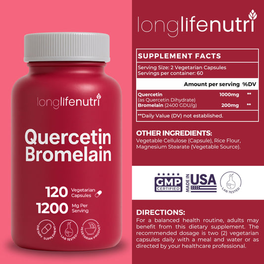 LongLifeNutri Quercetin with Bromelain capsules side view for easy daily use