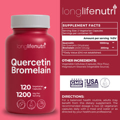 LongLifeNutri Quercetin with Bromelain capsules side view for easy daily use