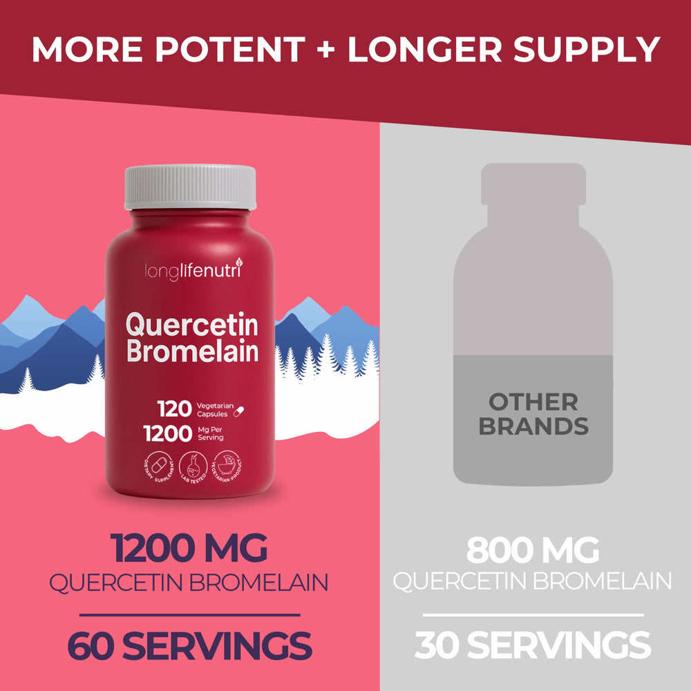 LongLifeNutri Quercetin with Bromelain label overlay showing clean vegan formula