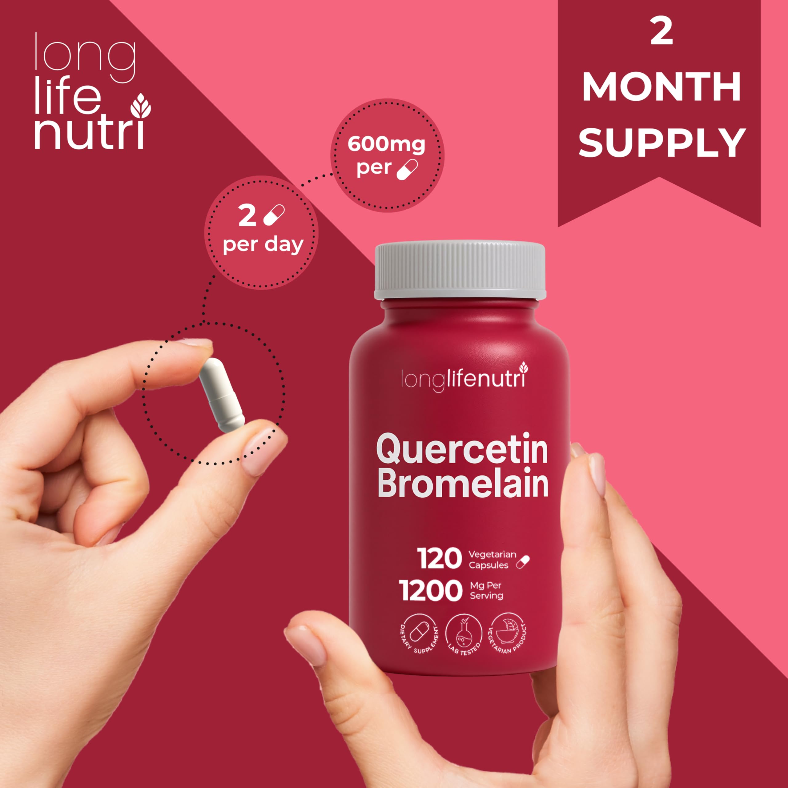 LongLifeNutri Quercetin with Bromelain serving suggestion showing capsules ready to take