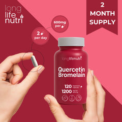 LongLifeNutri Quercetin with Bromelain serving suggestion showing capsules ready to take