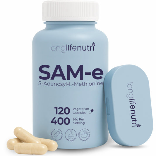 LongLifeNutri SAM-e 400mg bottle closeup suggesting daily mobility support